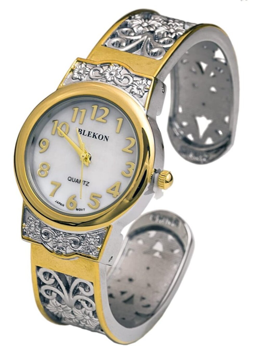 Women's Two-Tone Japanese Quart 28mm Case Elegantly Designed Cuff Bangle Watch
